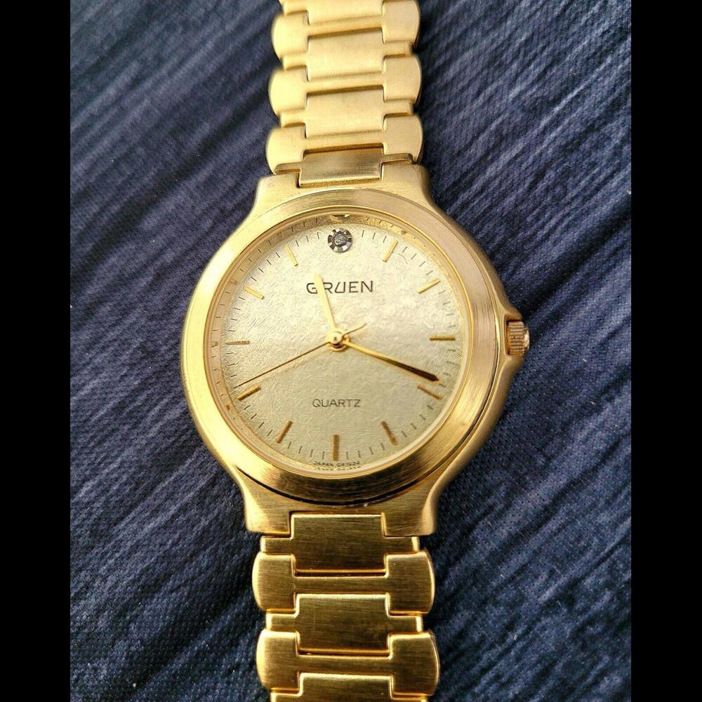 Rare‎ Retro Vintage Gruen Diamond Gold Lead Dial Men's Watch